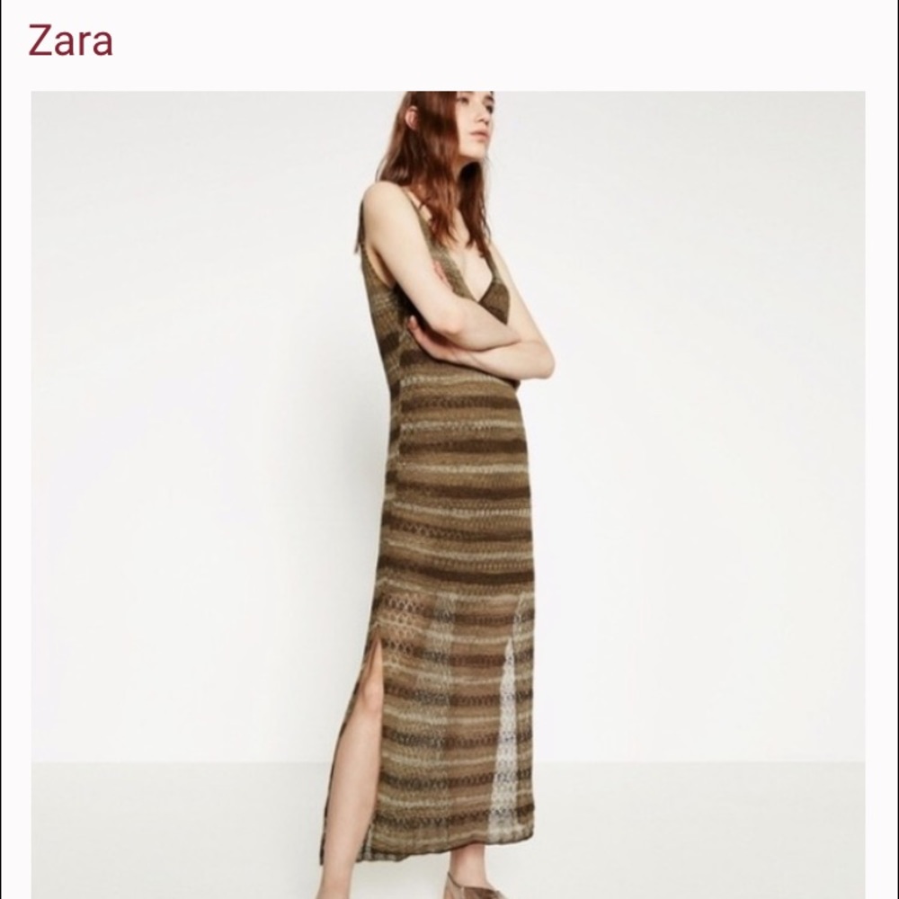 Zara Knit Maxi V Neck Dress Brown Tan Small